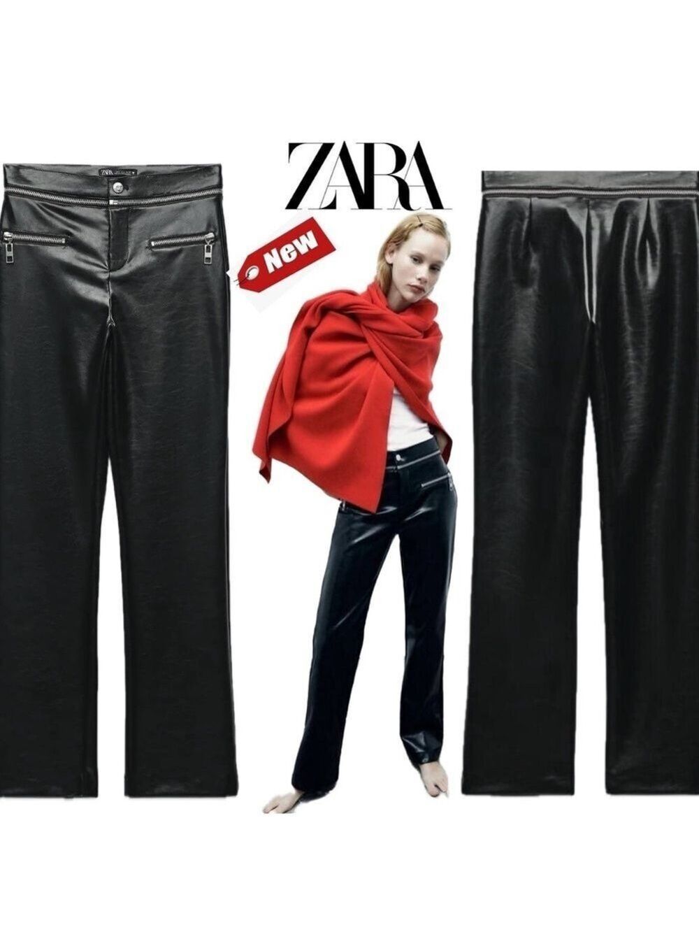 ZARA NWT BLACK Zippered Faux Leather moto Pants Sz XS NWT